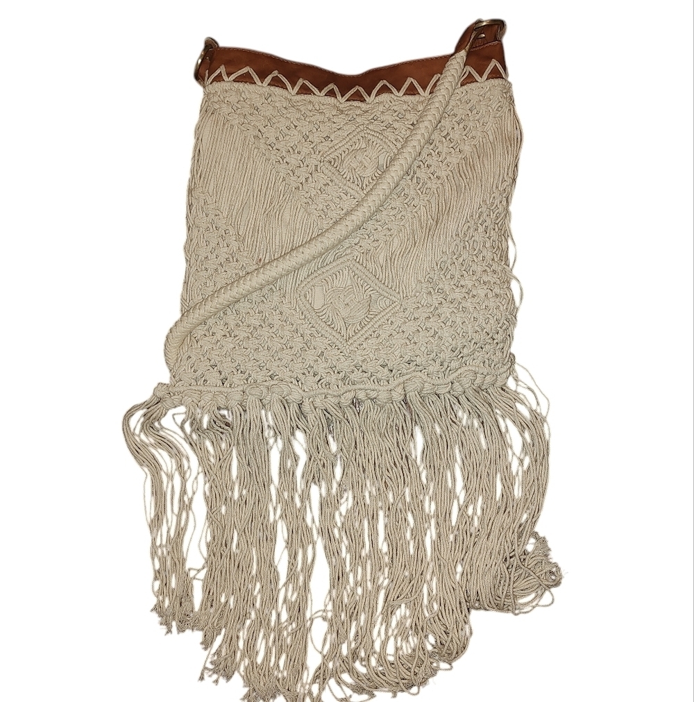 Cream and Brown Macramé Crossbody Bag - Picture 5 of 9